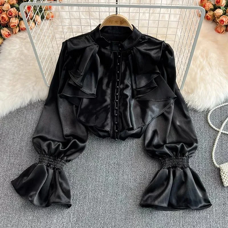 Vintage Satin White Shirts Women Elegant Ruffles Flare Long Sleeve Blouses Office Ladies Korean Black Casual All Match Tops New