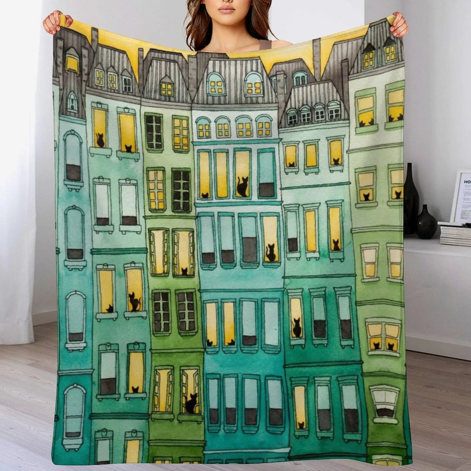 

Cats in Green Townhouses Throw Blanket Summer Beach Soft Beds Decoratives Blankets