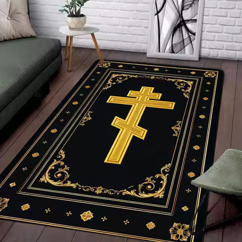 Orthodox Christian Cross Rug Retro Gold Embossed Design Religious Prayer Room Living Room Faith Mat Idea Ornament for Christians