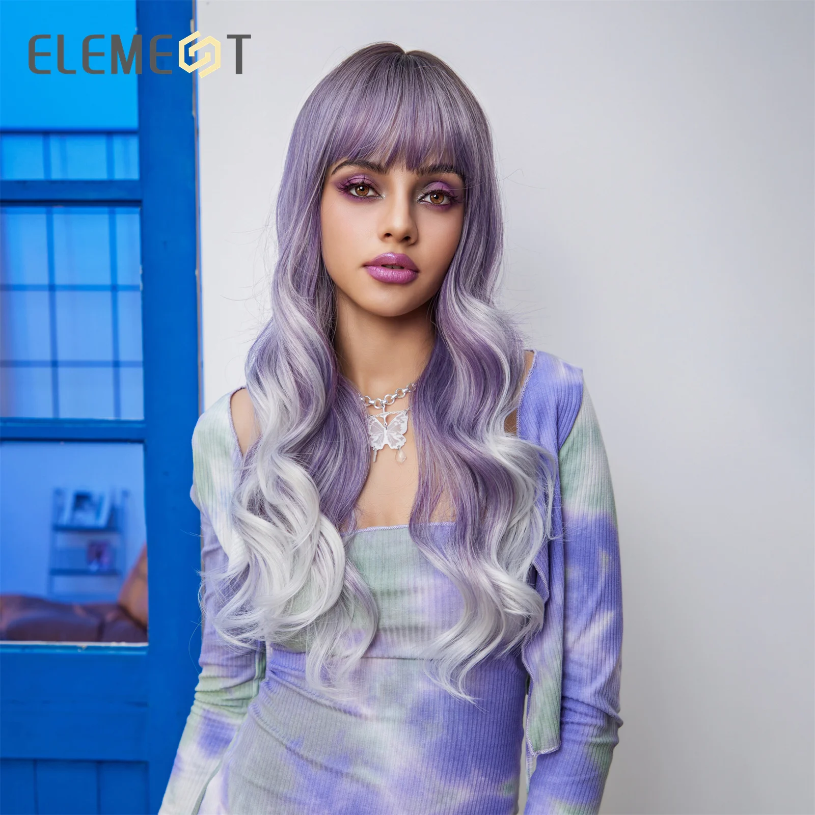 Long Punk Synthetic Wigs Ombre Purple Color Curly Water Wavy Hair Wig with Bangs Cosplay Daily Use Party Heat Resistant