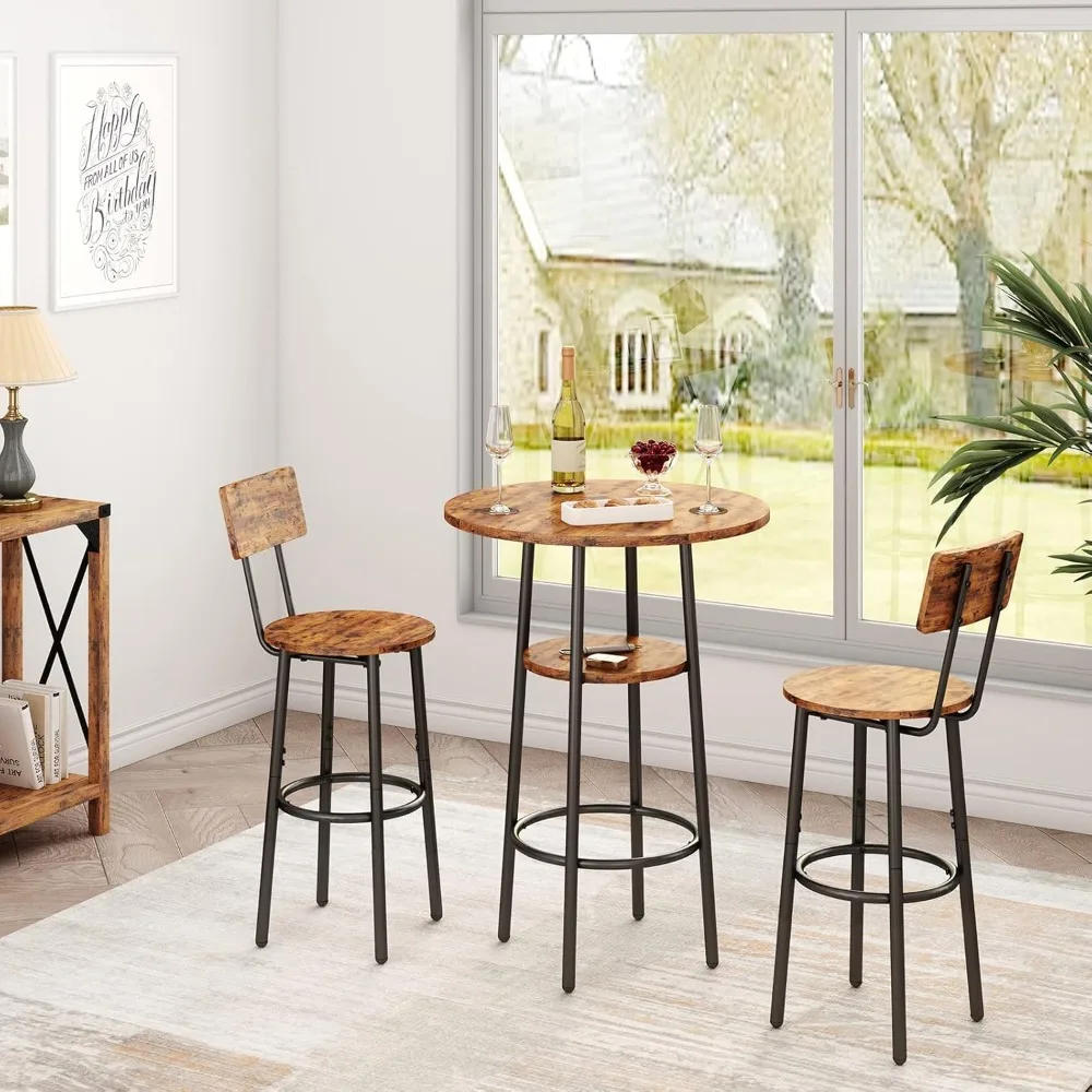 

Bar Table and Chair Set for 2, 3 Piece 2-Tier Small Round Pub Table & Stools with Backrest, Counter Height High Top, Customized