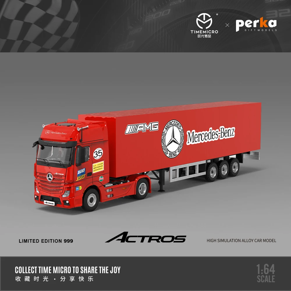 1:64 model mobil simulasi cetakan logam paduan lukisan babi merah truk kontainer mercedes-benz Actros, hadiah liburan anak-anak.