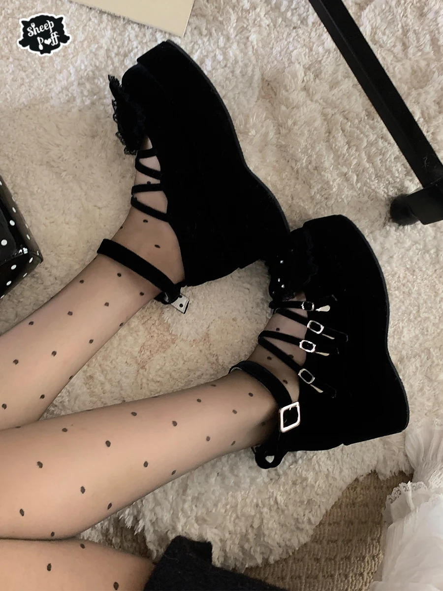 Japanese Girly Sweet Bow Lace Stitching Lolita Platform Shoes Summer Fashion Elegant  All-Match Black High Heels Women Y2k Shoes