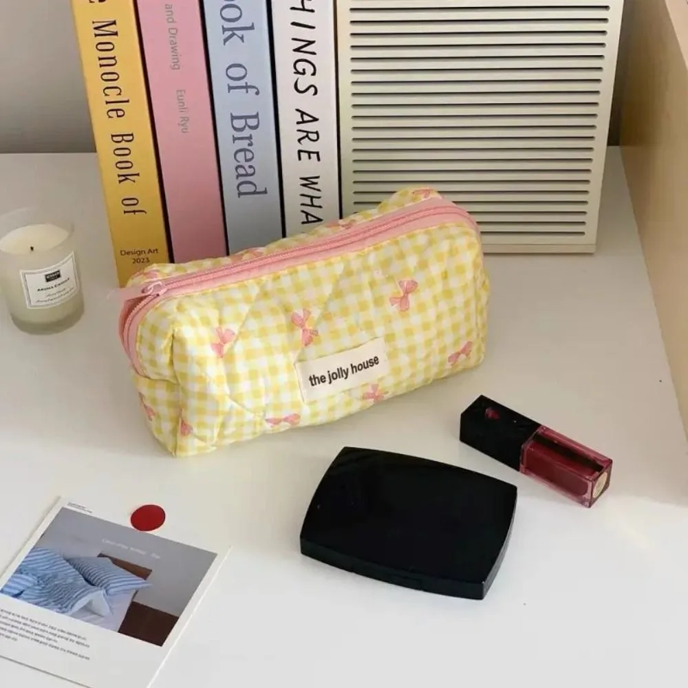 Large Capacity Lattice Cosmetic Bag Korean Style Bow Pattern Cute Storage Bag with Zipper Colorful Portable Makeup Bag Women