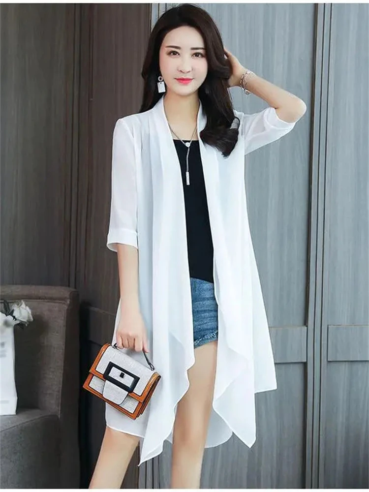 Chiffon Sunscreen Mid-length Shawl Coat Summer Thin Loose Tops Oversized Casual Lightweight Cardigan Women Half Sleeve Outerwear