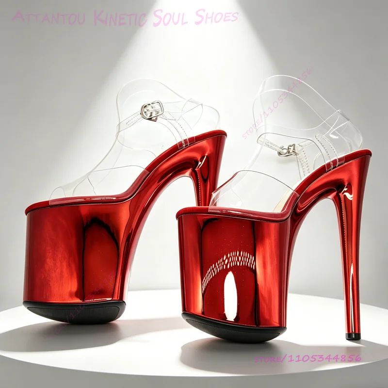 

Vibrant Red Mirrored Electroplated Sandals 20cm 8 Inch Perfect Pole Dancer Round Toe Sparkling Open Heel Leather Sexy Stage Shoe