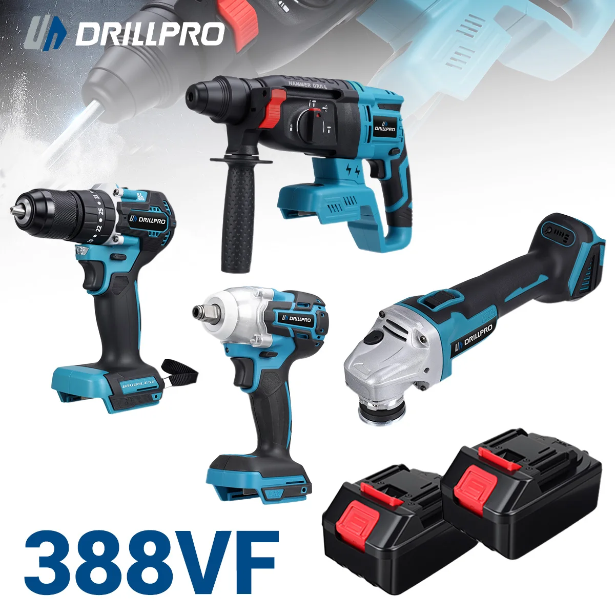 Drillpro Bürstenloser Akku-Elektrowerkzeugsatz 125mm Winkelschleifer Elektrohammer 10mm Schlagbohrmaschine 800N.m Elektroschrauber