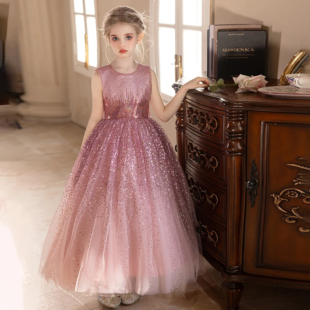 Puffy Dress for Girls Luxury Shiny Evening Dress Elegant Sequin Princess Dress Flower Girl Wedding Dress Children Birthday Gown