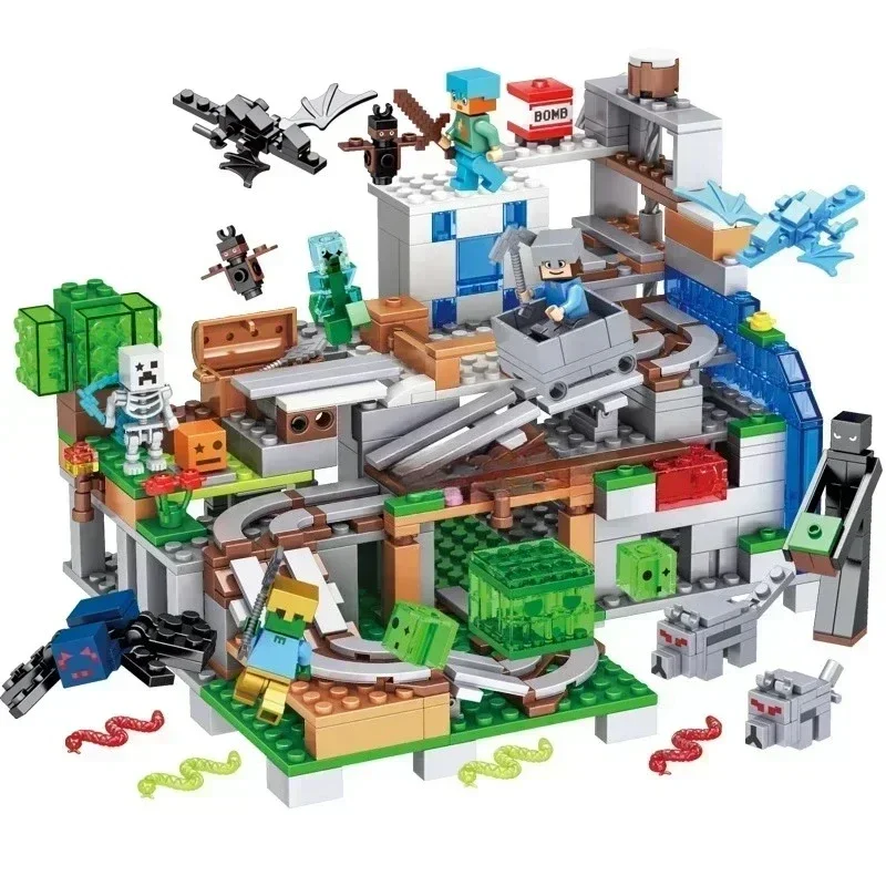 

DIY Brick 533Pcs Mountain Cave Slide Action Figures Building Blocks Puzzle Educational My World Toys for Christmas Gift