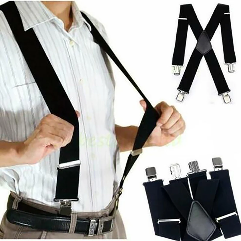 Men Heavy Duty Big Size Work Suspenders Pants 4 Strong Clips Adjustable Elastic Trouser Braces Straps Wide X Back Braces Straps