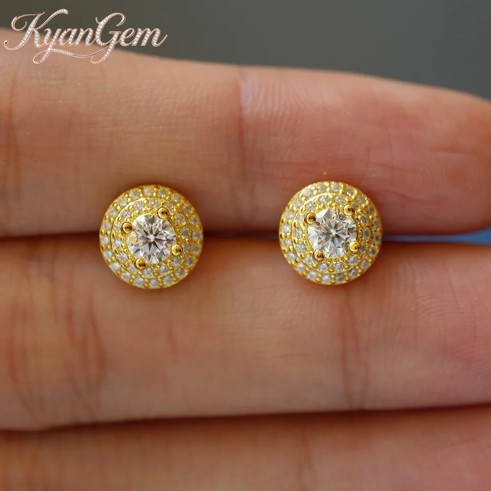 KyanGem Platinum PT950 Adorable Round Moissanite Stud Earrings Double-Layer Lavishly Set Unisex 18K Gold Ear Jewelry