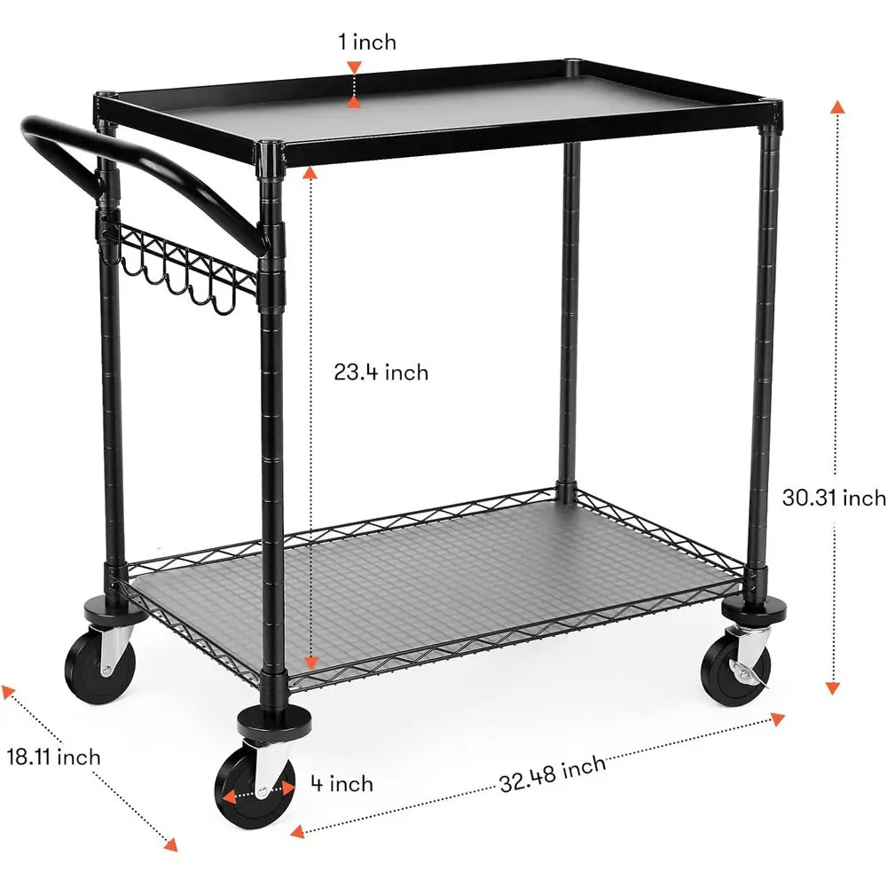 عربة أدوات ذات طبقتين من الدرجة التجارية بسعة 680 رطلاً، وإطار معدني وعجلات ومقبض لاستخدام المطاعم والمطبخ
