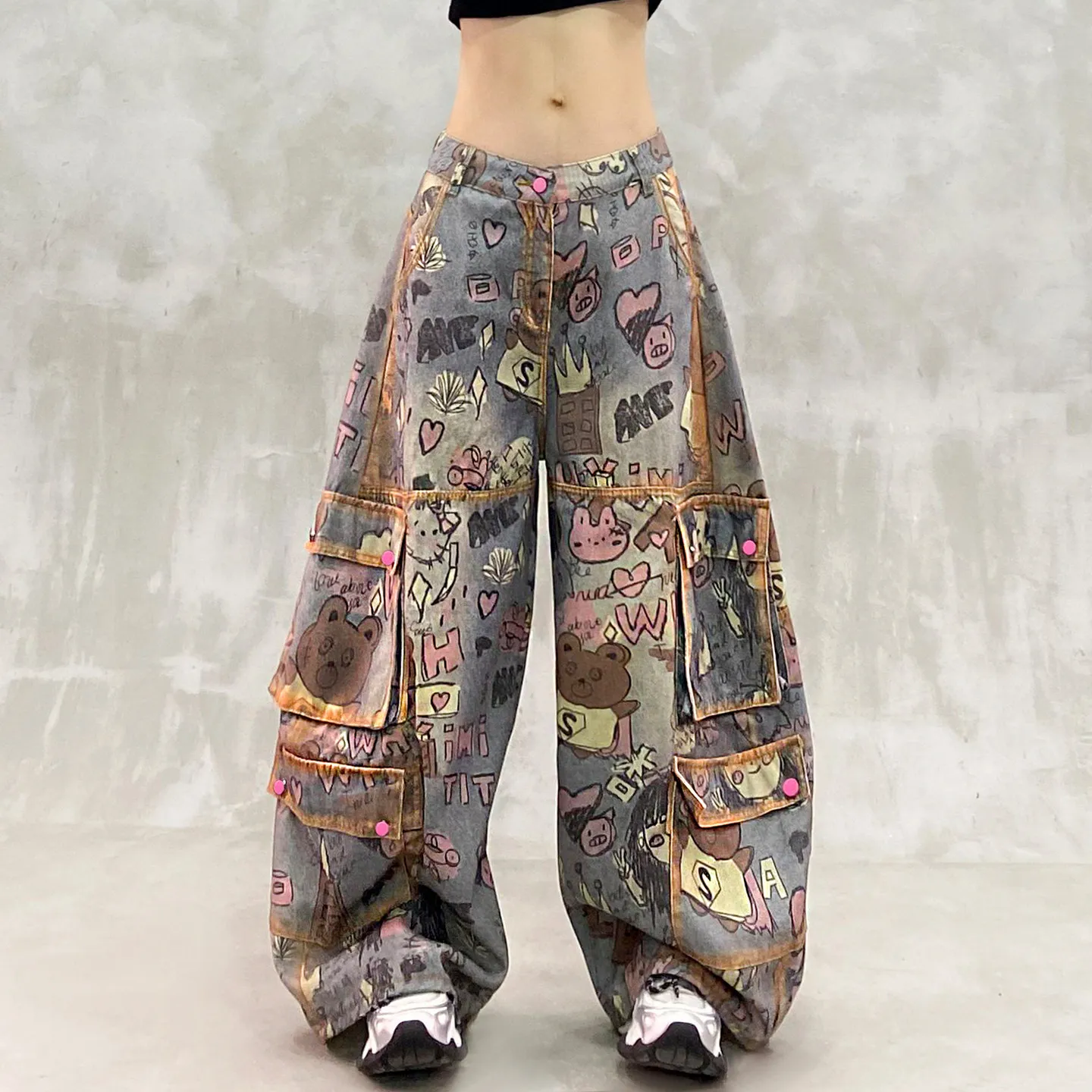 Womens Cartoon Print Cargo Jeans Washed High Waist Barrel Leg Denim Pants with Relaxed Fit for Autumn Casual Street Dressing
