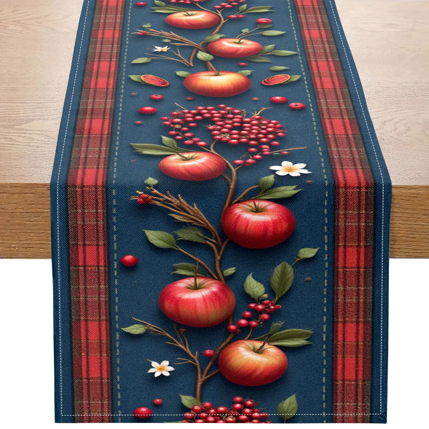 1 pieza de camino de mesa con temática de cosecha, impreso con patrones de manzana, arándano y hojas verdes, adecuado para reuniones familiares de otoño y decoración de estilo campestre