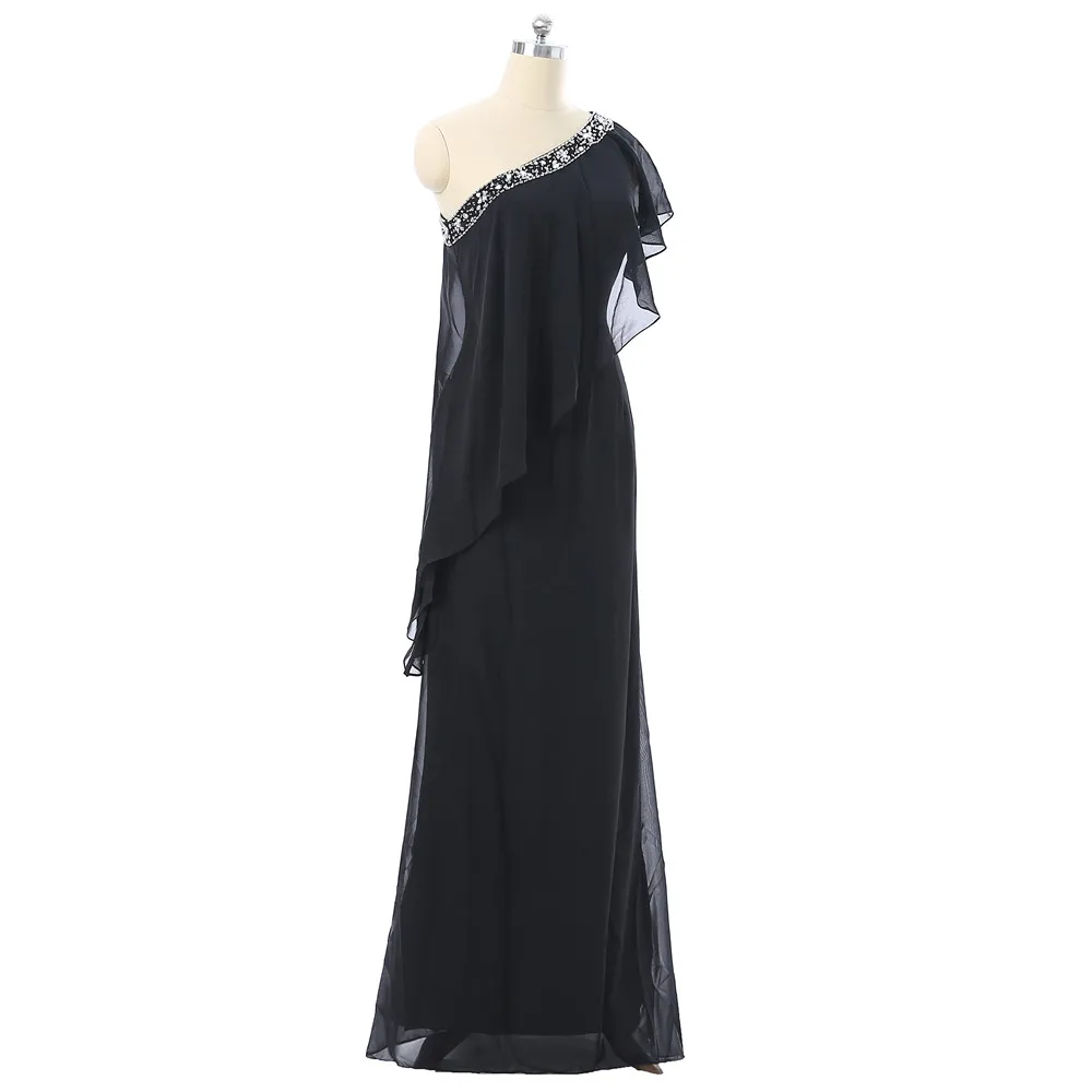 Black Mother Of The Bride Dresses A-line One-shoulder Chiffon Beaded Plus Size Long Groom Mother Dresses For Wedding