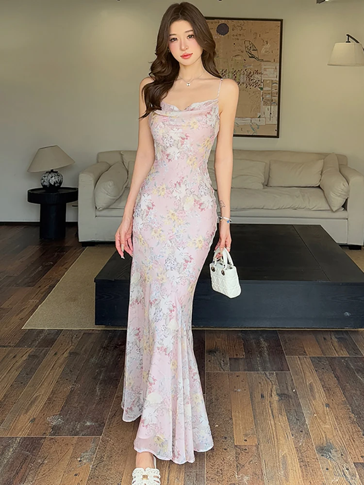 Women Purple Floral Chiffon Swinging Collar Sling Dress Summer Elegant Casaul Beach Dress 2026 Korean Fashion Bodycon Prom Dress