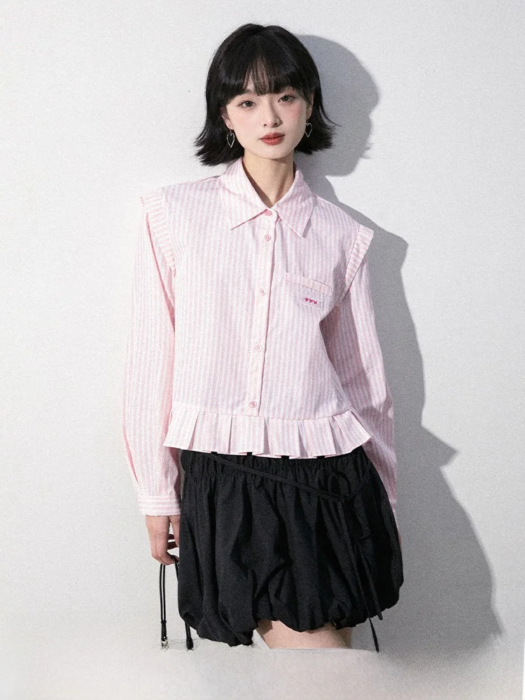 

Свободный топ с длинными рукавами и плиссировкой в розово-белую полоску для девочек, оригинальный дизайн, весенняя мода для женщин