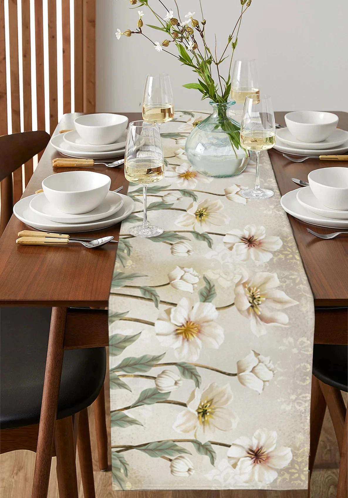 Spring Vintage Tulips Flower Linen Table Runner Summer Floral Dresser Scarf Table Decor Holiday Wedding Party Dining Table Decor