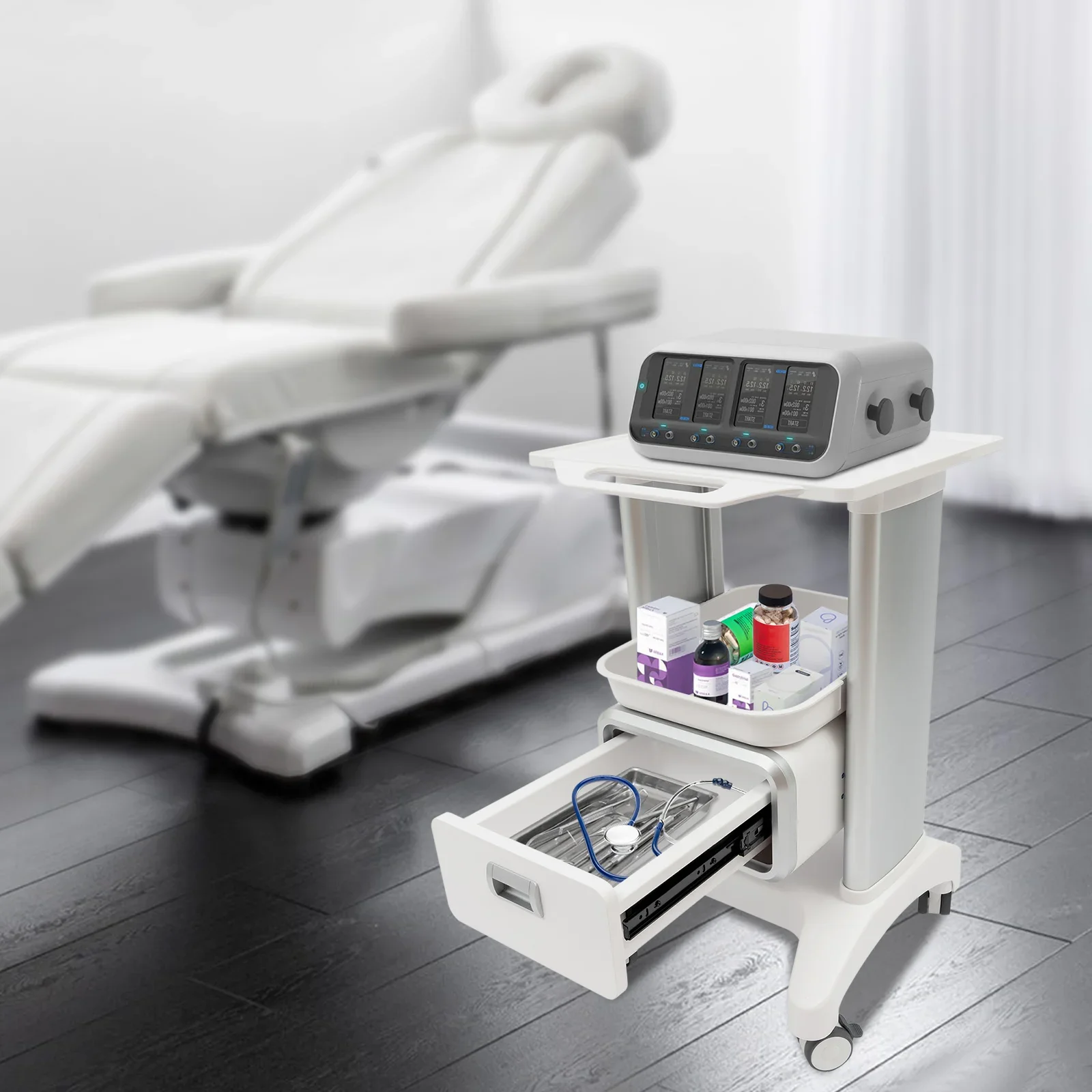 

Мобильная тележка-органайзер для салона/клиники с 1 ящиком и 2 поддонами, усиленная, НОВИНКА