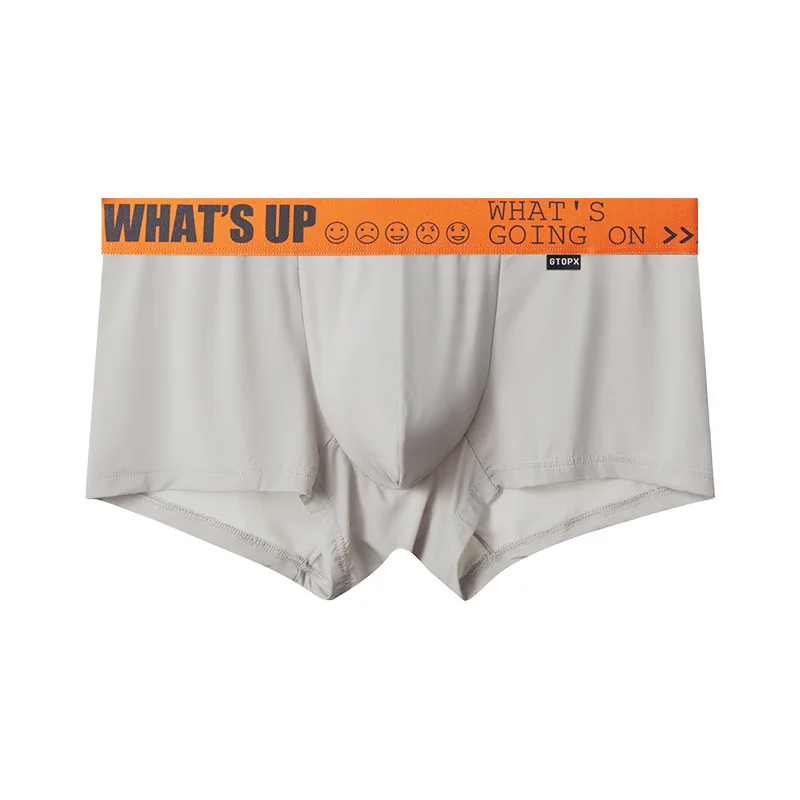 

Men's Bulge Boxy Underwear Ice Silk Boxer Briefs, Solid Color Breathable Underpants with Printed Waistband Youth Fashion Panties