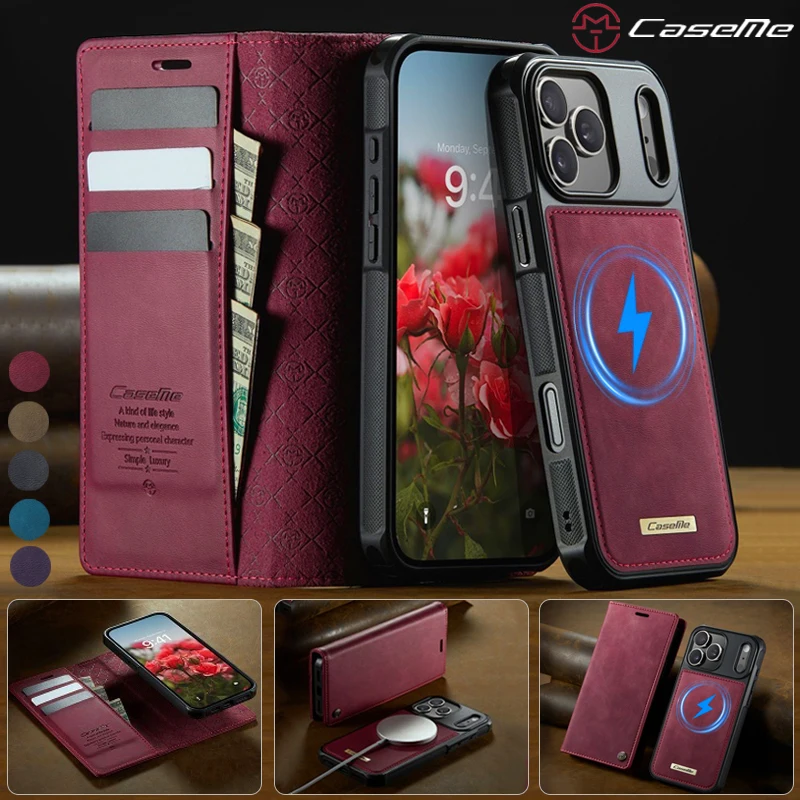 

Magnetic Closure Leather Wallet Phone Case For iPhone 17 Pro Max 16 Plus 15 14 13 12 11 2 IN 1 Detachable Card Holder Cover Etui