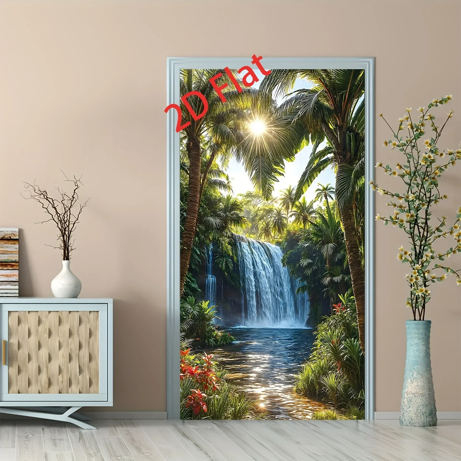 2D plane, 2D curtain, 1 piece featuring a tropical forest landscape with magnificent waterfalls and streams