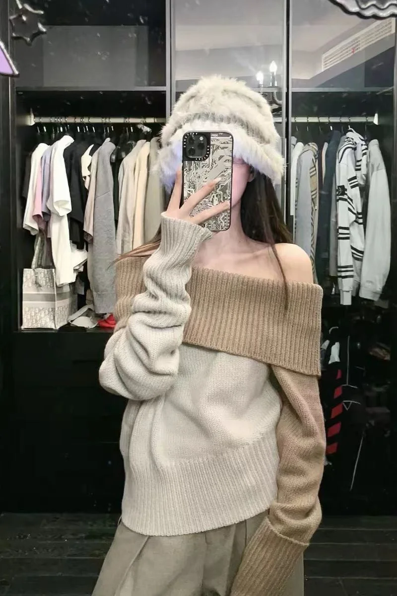 

Pure Desire Style One-Shoulder Knitted Sweater Women Autumn Winter New Niche Design Off-Shoulder Slim Versatile Top