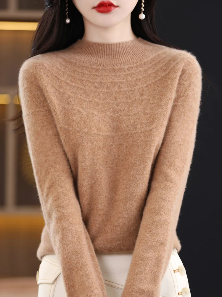 Yoyoselect 100% Wełna Merino Damski Sweter z Wycięciami, Golf, Jesienno-Zimowy, Gruby, Podstawowy Dzianinowy Produkt Odzieżowy