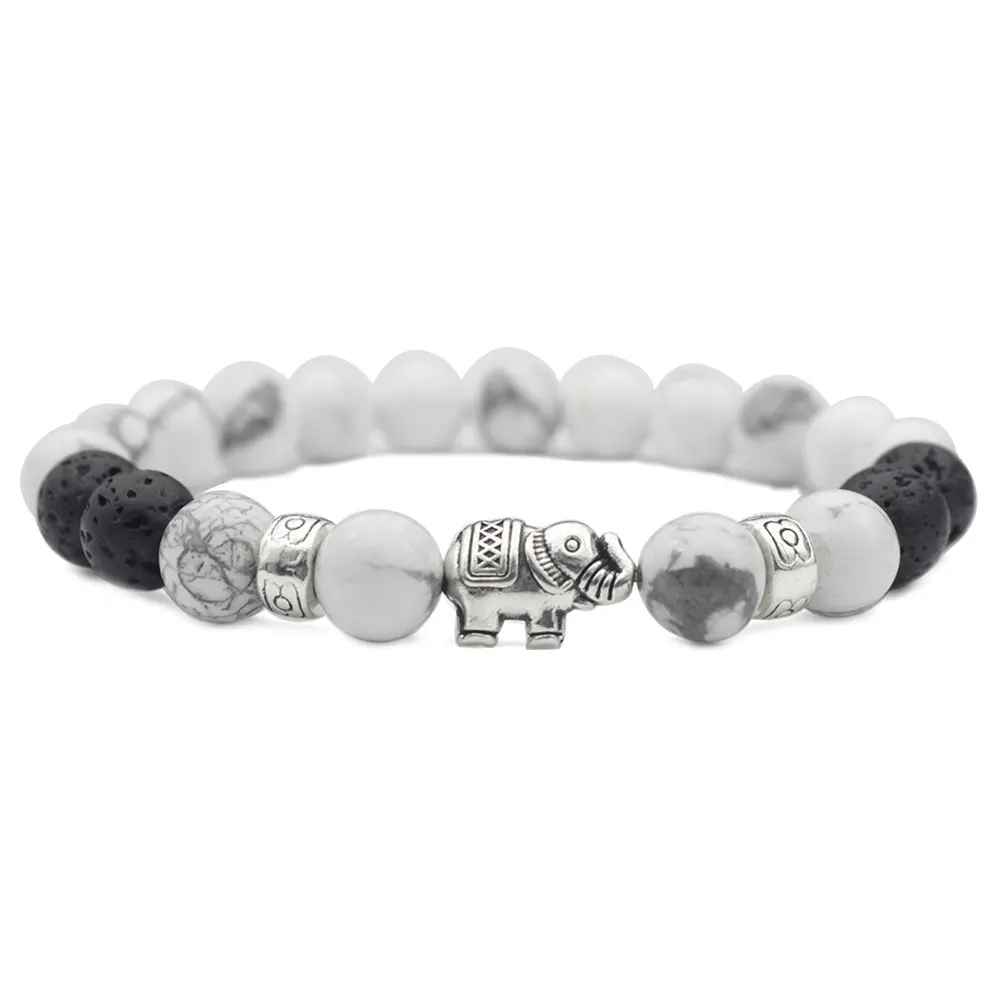 White Turquoise Beaded Bracelet 8mm Stretch Yoga Stone Bangle Buddha Elephant Pattern Gift for Women