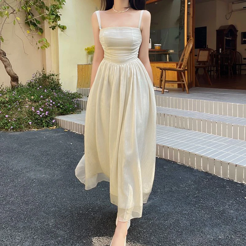 Sweet Spaghetti Strap Women Solid Midi Dress Summer New Off Shoulder Female Folds Dress Fashion High Waist Ladies Vestidos