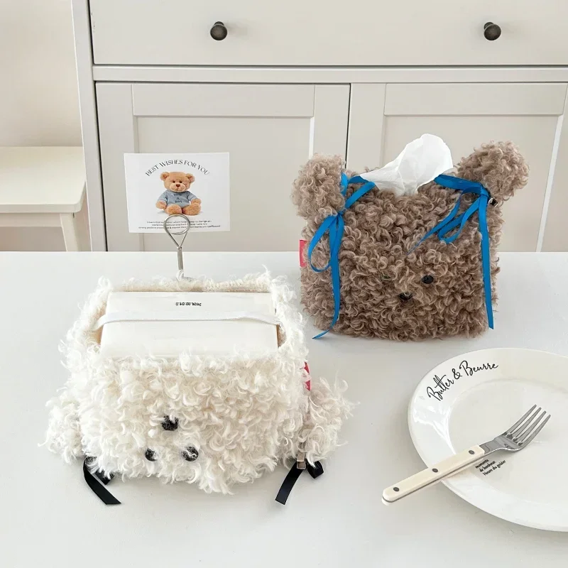 Nordic Style Plush Cartoon Dog Shape Napkin Boxes Solid Color Issue Bag Thread Napkin Holder Tissue Bag Storage Napkins