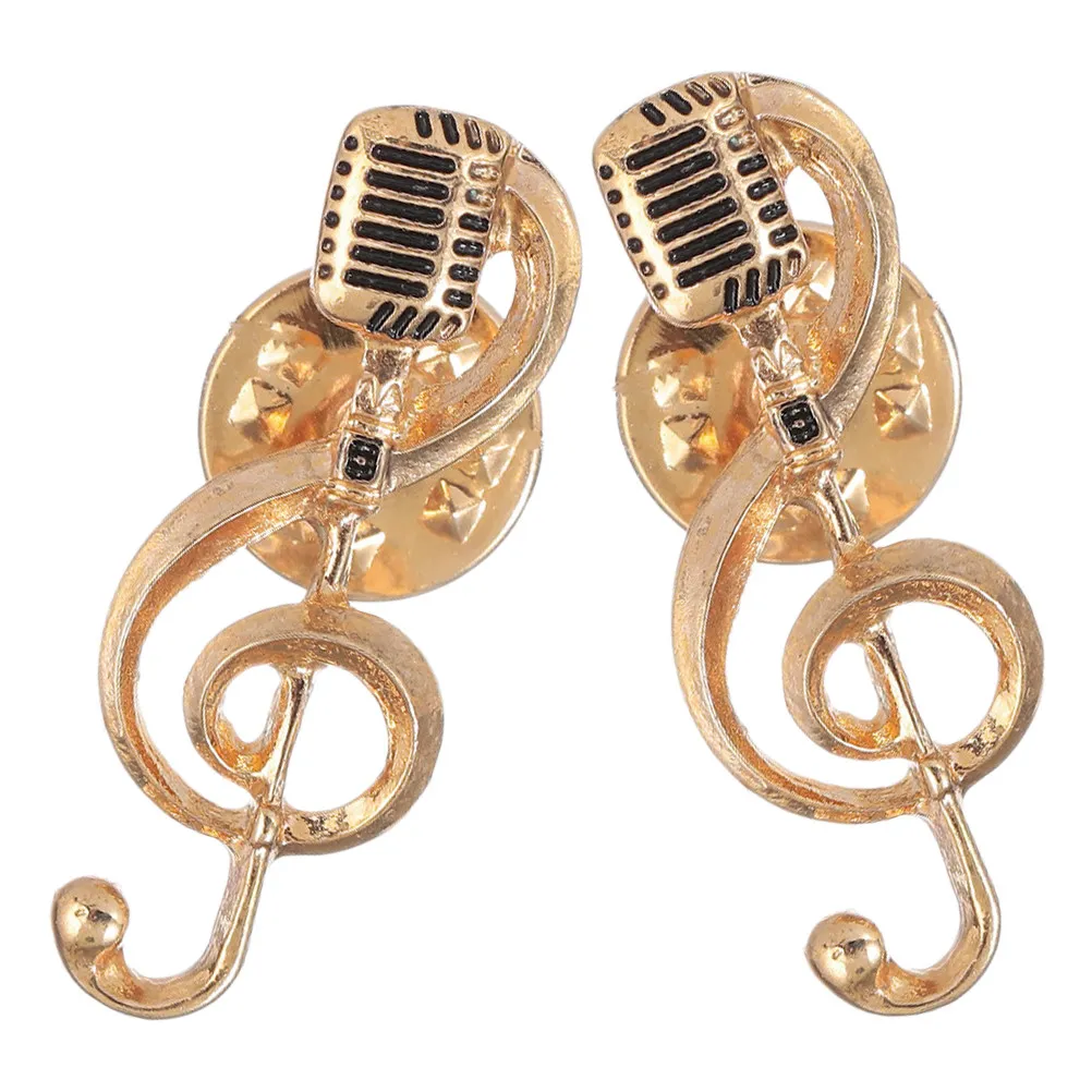 2Pcs Music Note Microphone Brooch Set Metal Lapel Pin for Women Men Music Lover Gift Party Banquet Accessory Gold Tone Alloy