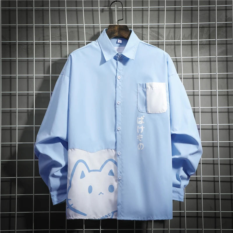 2025 Summer and Autumn New Japanese Style Trendy Cartoon Blue Pink Long Sleeve Shirt Men's Loose White Short Sleeve Casual Shirt
