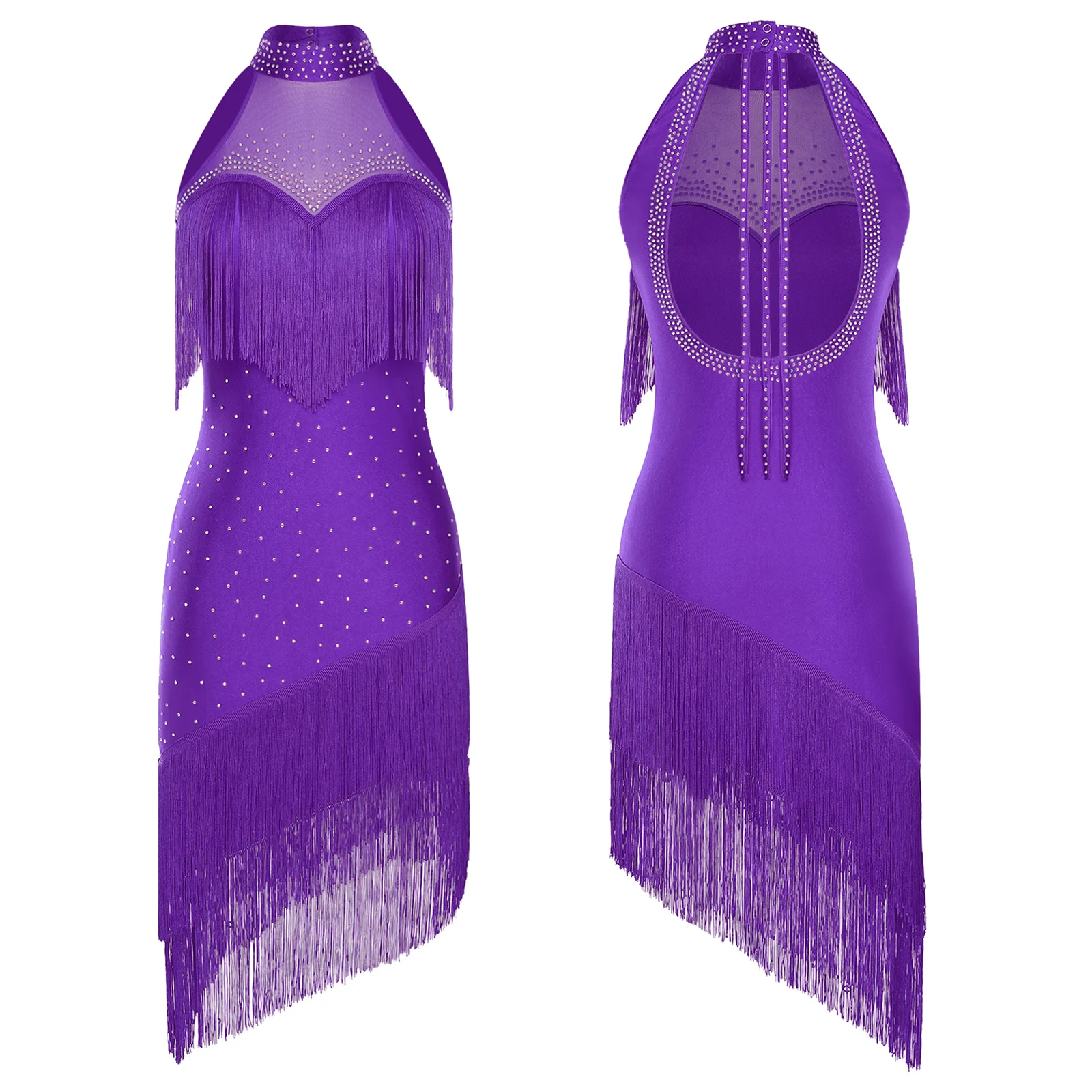 Glamorous Latin Dance Dress Womens Rhinestone Fringe Belly Dance Costume Backless Tango Rumba Latin Ballet Performance Outfit