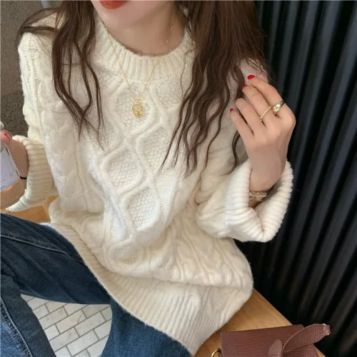 Korean-style Sweaters Winter Loose Outerwear Women Crew Neck knit Pullover Sweater Female Autumn Vintage Red Thickened Knitwear