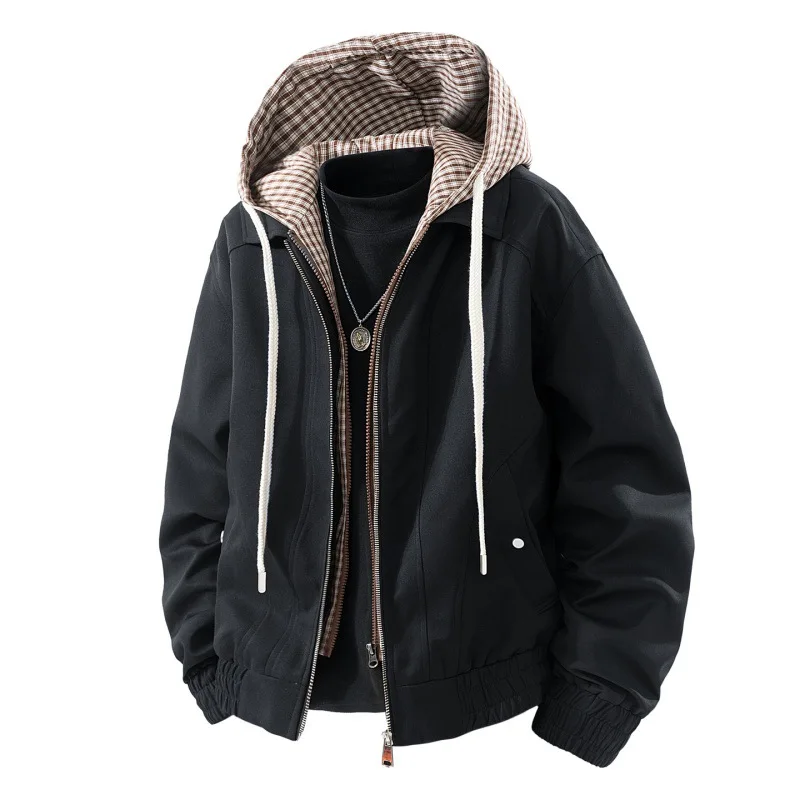 2025 Man Cargo Jacket Autumn Fashion Plaid Patchwork Male Fake Two-piece Coat Long Sleeve Zipper Casual Men Hooded Outerwear