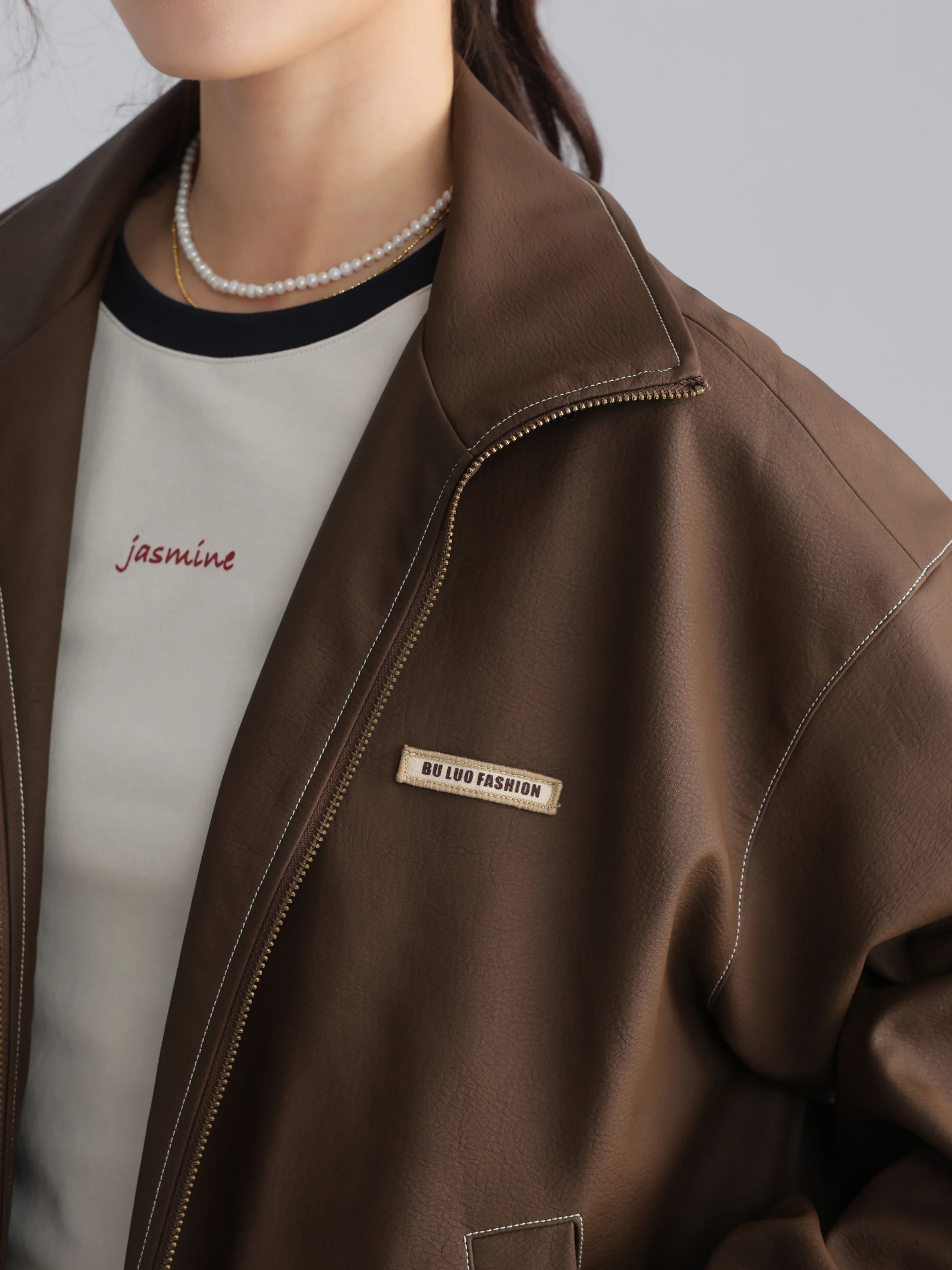 트렌디 한 레트로 느슨한 가죽 자켓 여성 대비 스티치 PU 모토 코트 캐주얼 오버 사이즈 바이커 겉옷 가을 패션 streetwear