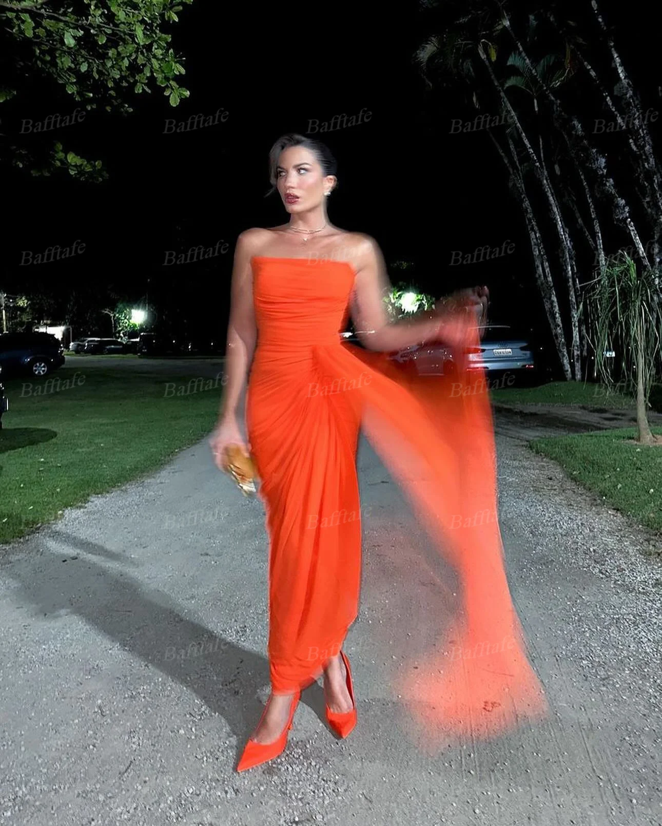 Bafftafe Orange Chiffon Ankle Length Prom Dresses Customized Pleated Strapless Evening Gowns Mermaid Special Formal Party Dress