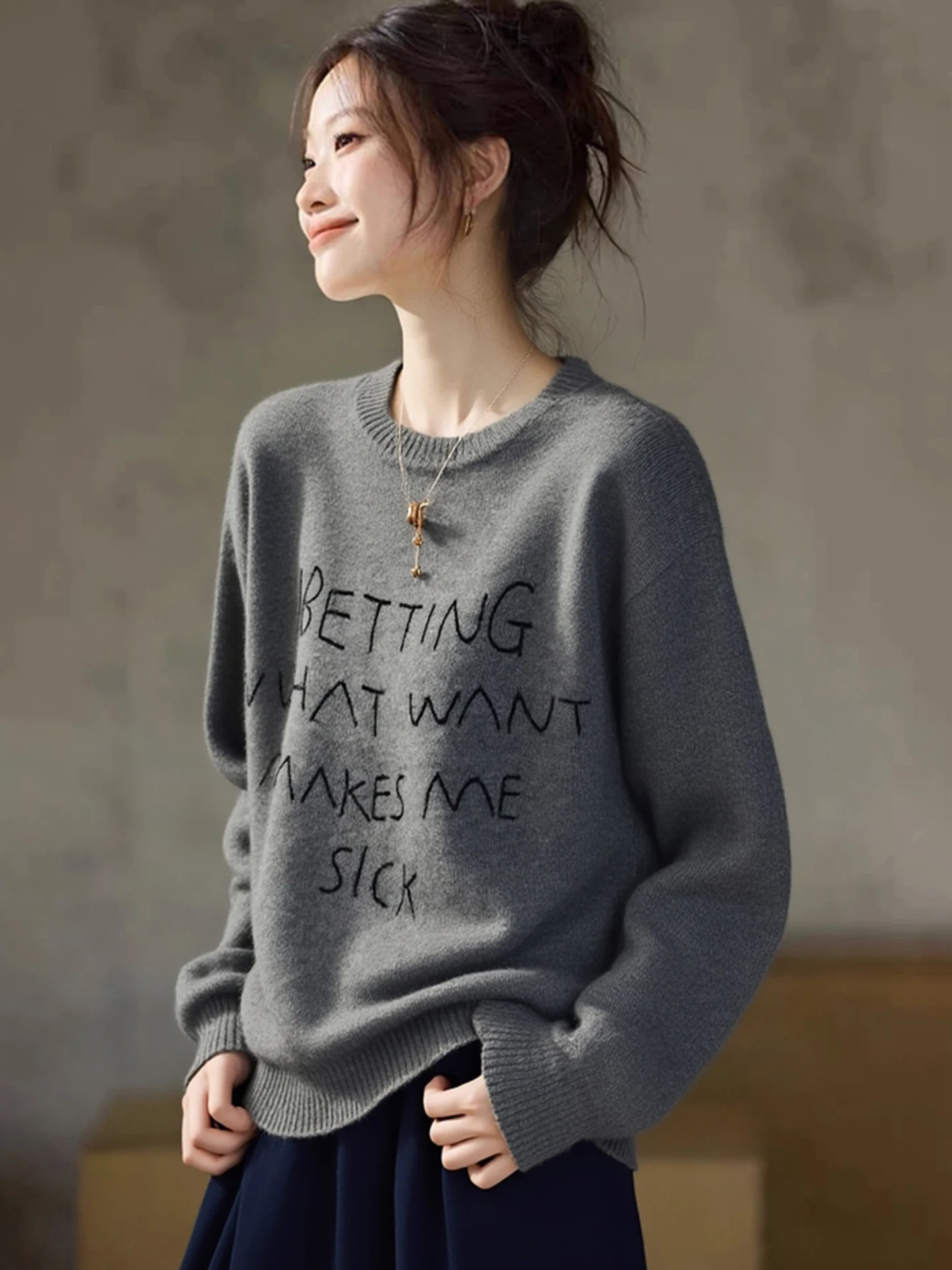 

High-End European Sle Winter Knitwear round Ne Long Sve Letter Print Loose Fit Versatile Slimming Thermal Camere Swe...