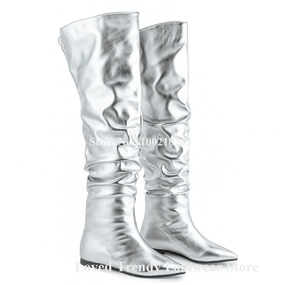 

Western Fashion Silver Gold Matte Leather Over Knee Flat Boots Sexy Pointed Toe Slip-on Red Green Long Flat Boots