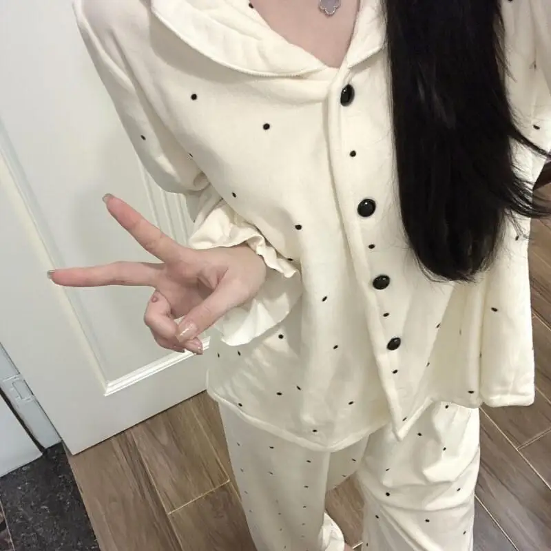 

New Women's Pajamas Girl Homewear Polka Dot Dralon Warm Set Women Autumn Winter Simple Thick Cardigan Pants Long Sleeve Suit