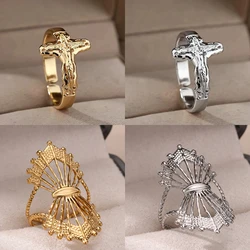 Vintage Jesus Cross Rings For Women Men Gold Color Stainless Steel Jesus Cross Adjustable Ring Religious Party Jewelry Gift