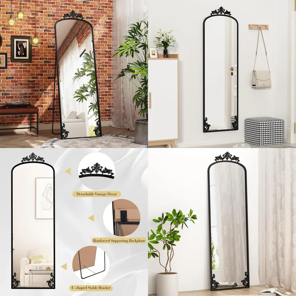 Gebogen vloerspiegel over de hele lengte met standaard, 65 x 21 zwart ingelijste wandspiegel voor thuis, gesneden metalen frame, volledige lichaamsspiegels