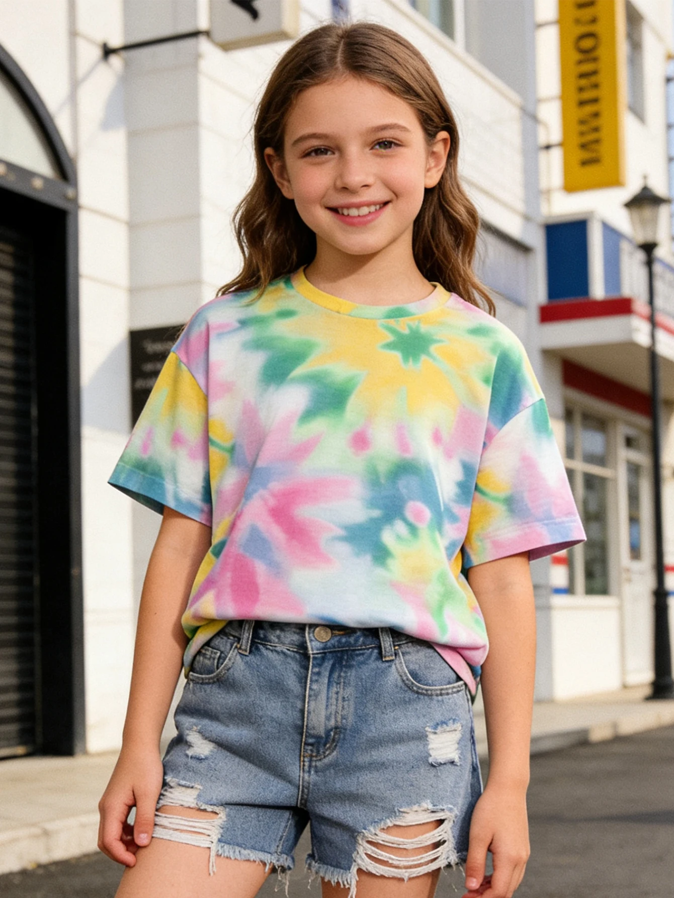 

2026 Girls tie-dye printed short-sleeved T-shirt, loose summer casual fashion top