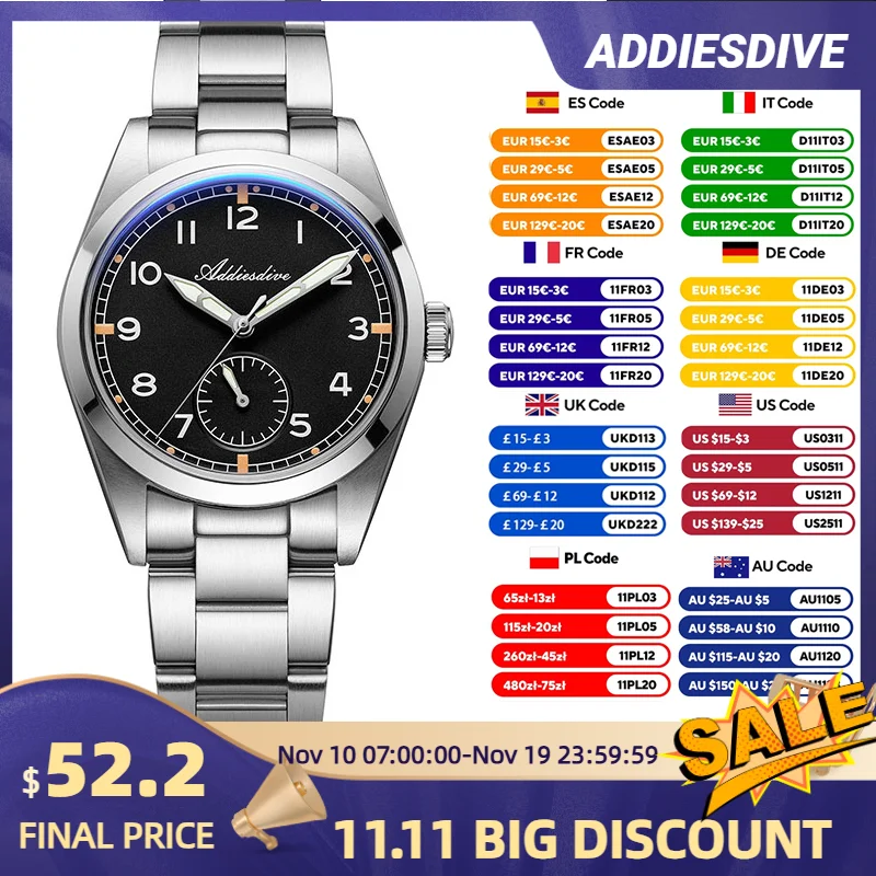

ADDIESDIVE Luxury Quartz Watch AD2099 VH60 Movement 316L Steel Strap 24H Sub-dial BGW9 C3 Luminous 100M Waterproof Bubble Glass
