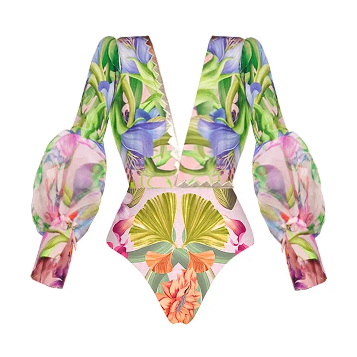 Deep V-neck Lantern Sleeves Long Sleeve Seaside Holiday Floral Print One-Piece Swimsuit Suit Women's 2024 Summer Swimsuit