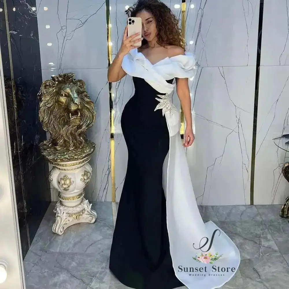 Customized   White and Black Evening Dresses Off the Shoulder Appliques Pleat Formal Guest Long Dress Special Event Chapel Train