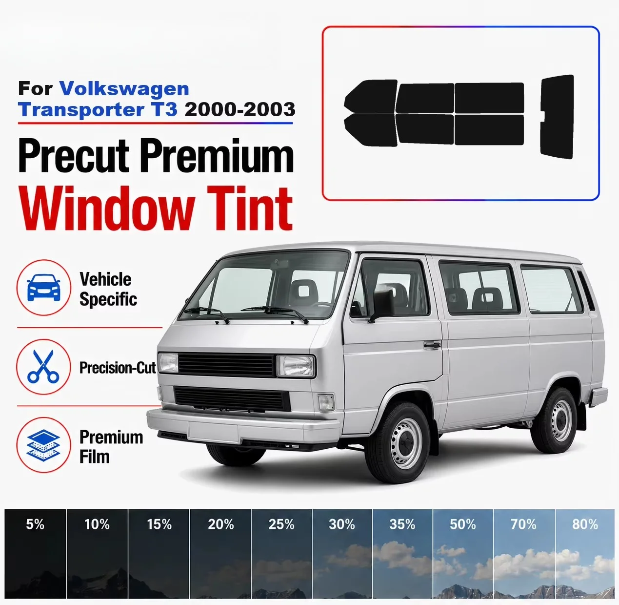 Premium Precut Window Tint Kit Front Rear Windows Rear Windshield For Volkswagen Transporter T3 2000-2003 Nano Ceramic Film