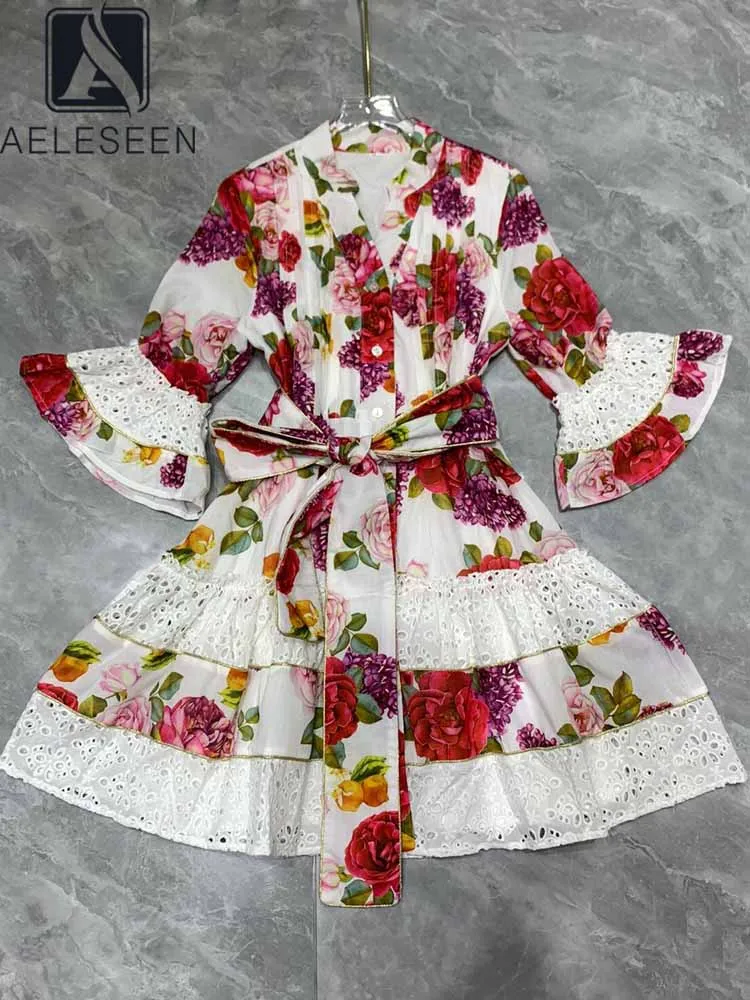 

AELESEEN Fashion Designer Mini Dress Women Spring Summer Flare Sleevev V-Necl Flower Print Patchwork Belt Lace Casual Ruffles