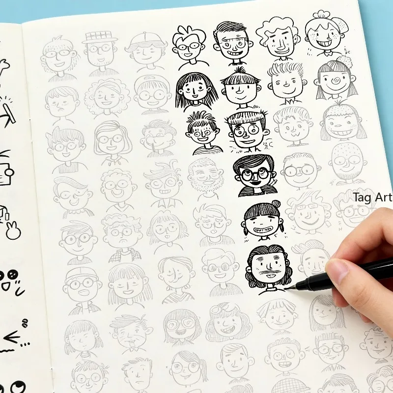 A 40 Page Decompression Sketchbook with Facial Expressions and Coloring, Over 1000 Black and White Line Drawings and Emoticons